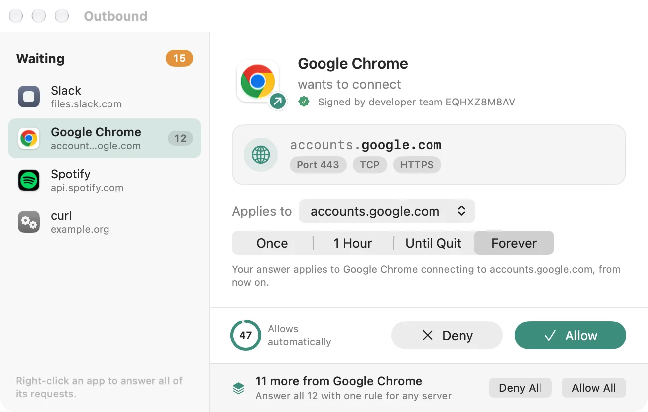 Outbound connection question: Google Chrome wants to connect to accounts.google.com on port 443, with a choice of how long to remember, a countdown and Allow and Deny, next to a queue of four waiting apps