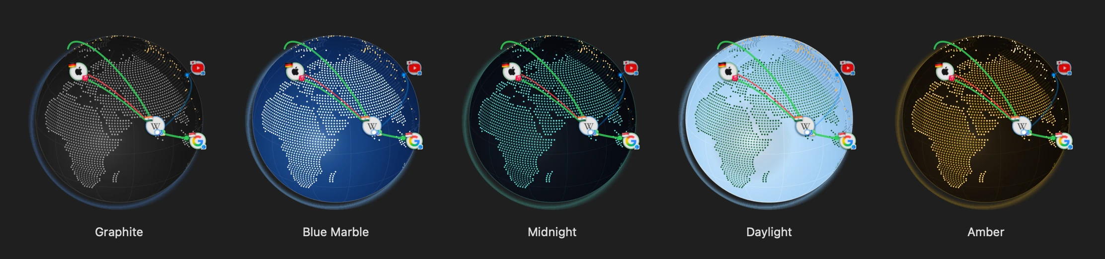 The same globe in five themes, left to right: Graphite, Blue Marble, Midnight, Daylight and Amber. On a phone, only the first two are shown.