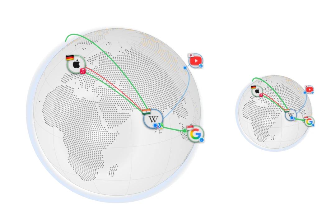 Outbound’s floating globe at two sizes: a dotted globe turned to Europe, Africa and Asia, with app icons at the places they connect to and green and red great-circle arcs between them