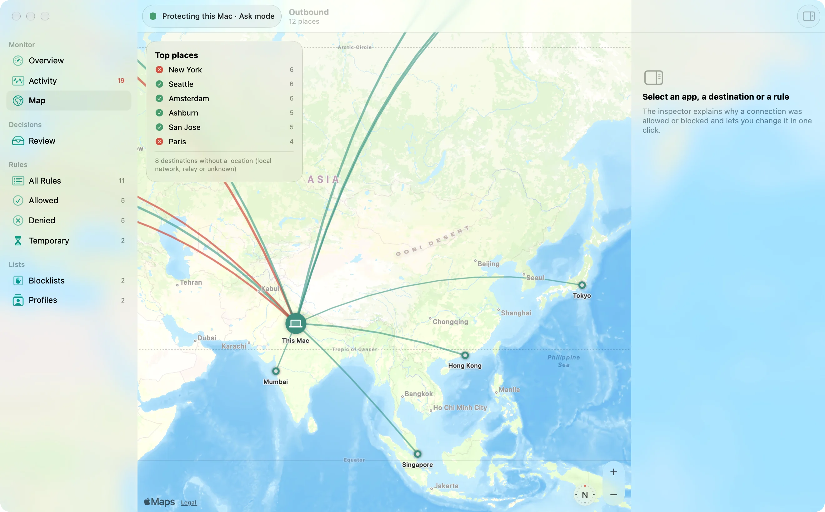 Outbound Map: arcs from this Mac to the cities its connections reach, blocked ones in red, with a list of top places