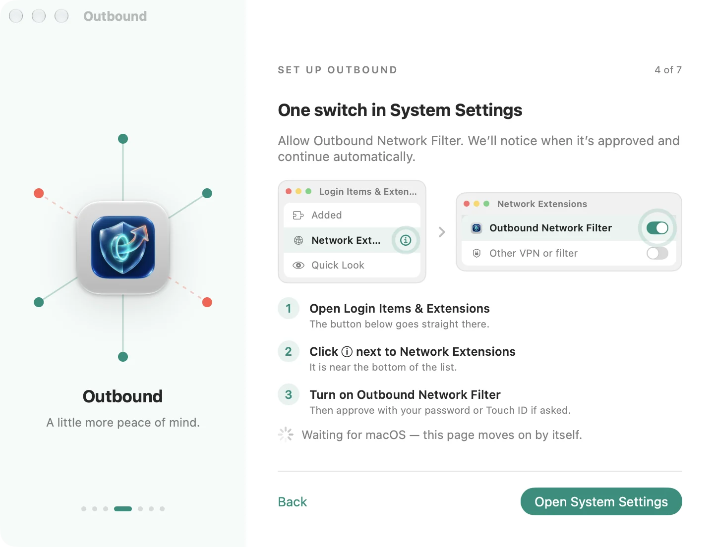 Outbound setup: a drawn guide to the one switch in System Settings, Network Extensions, with the steps to turn on Outbound Network Filter
