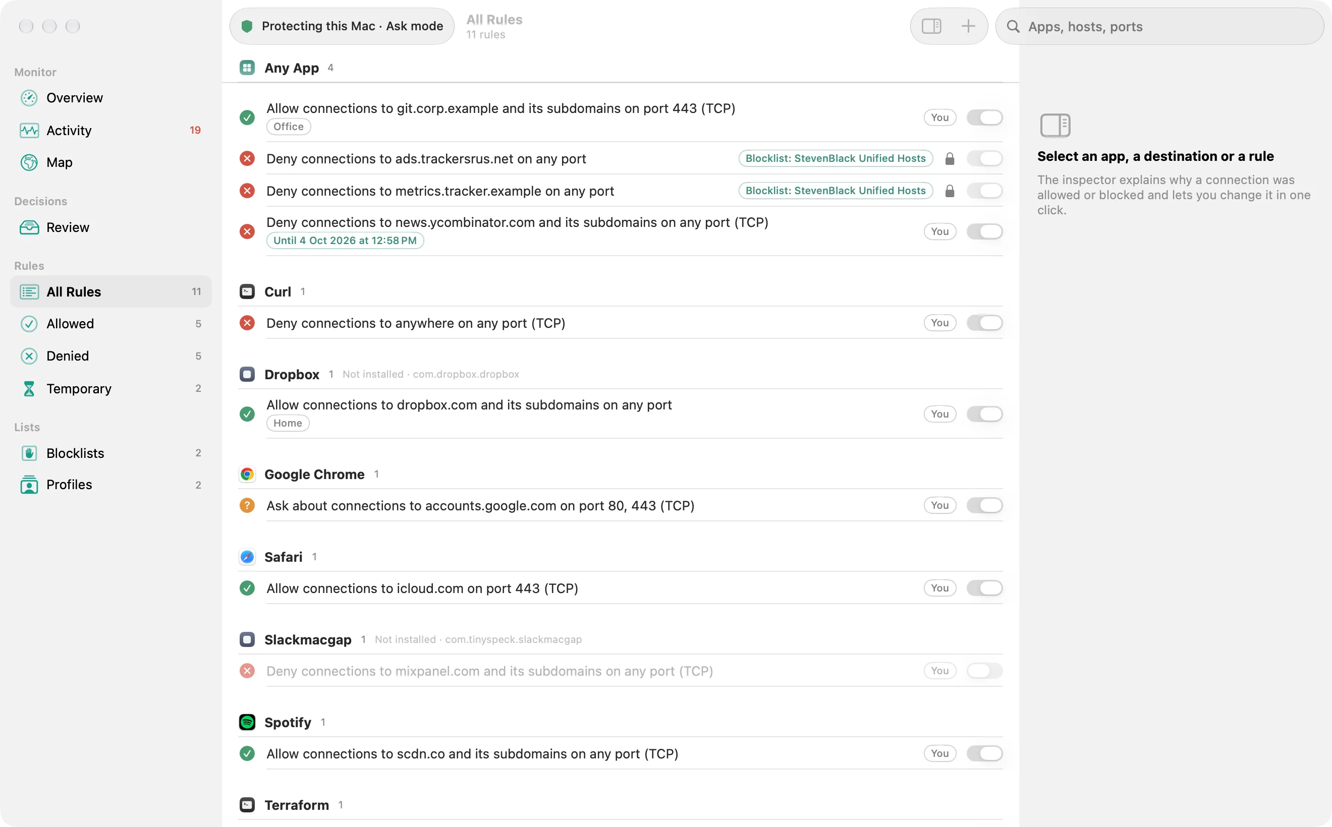 Outbound Rules: rules grouped by app, written as sentences, with lifetimes, profiles and managed rules
